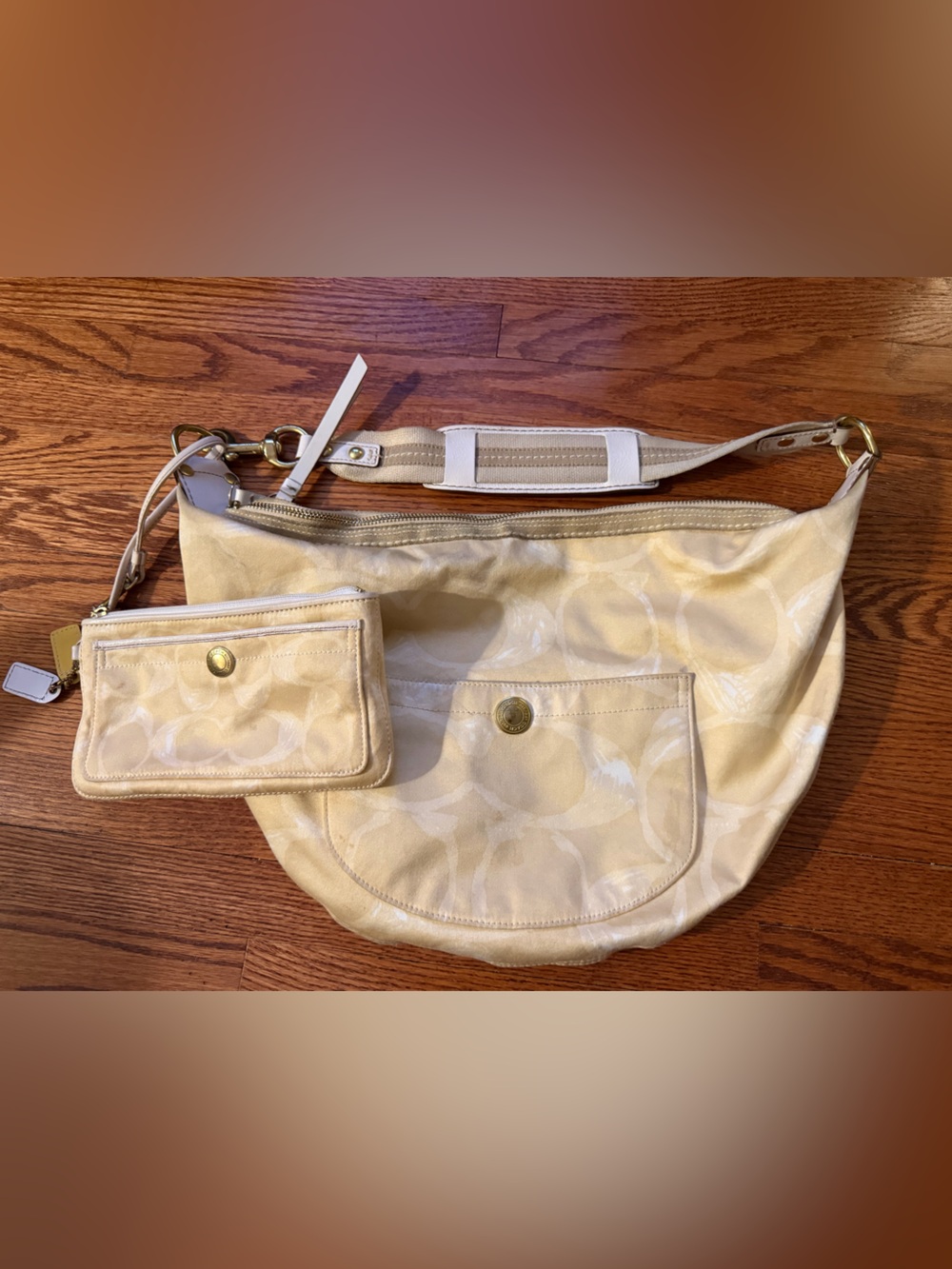 Coach Beige Signature Canvas Shoulder Hobo with Gold Hardware